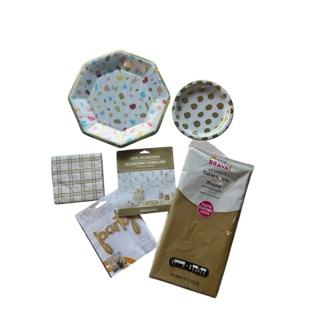 Party Supplies Bundle 6 Gold & White Confetti Plates Tablecloth Napkins Decor